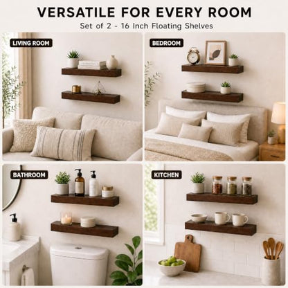 foxsky 16 Inch Walnut Floating Shelves for Wall, Solid Wood Bathroom Shelf - color: Walnut, size: 16 inch