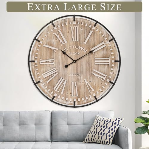 Farmhouse Wall Clock 30 Inch - Rustic Wood Metal Decor, Silent Sweep, Battery Operated for Living Room Kitchen Office, Brown - size: 30 Inch