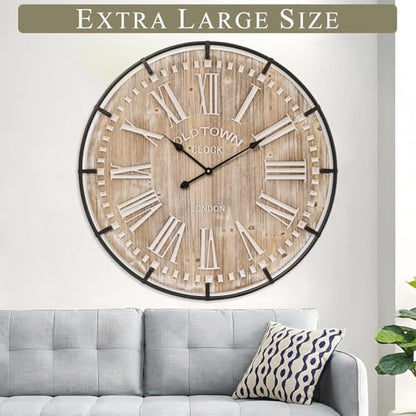 Farmhouse Wall Clock 30 Inch - Rustic Wood Metal Decor, Silent Sweep, Battery Operated for Living Room Kitchen Office, Brown - size: 30 Inch