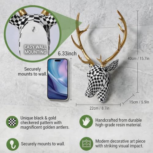 GIGICICI Mosaic Deer Head Wall Decor 15.7x8.7 Inch, Artistic Faux Resin Animal Head Wall Sculpture Hanging for Living Room Bedroom Kitchen Office, Black-White Gift - color: Deer-Black White