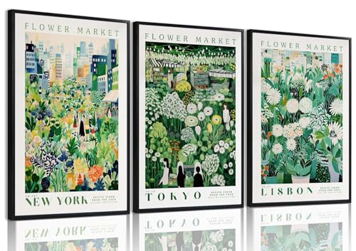 XLARTMY Flower Market Wall Art Prints Canvas Green Yellow White Floral Paintings Colorful Botanical Travel Flower Posters for Home Decor Pictures Set of 3 for Living Room Bedroom 16x24in Unframed - color: Flower Market GReen, size: 16x24in Poster