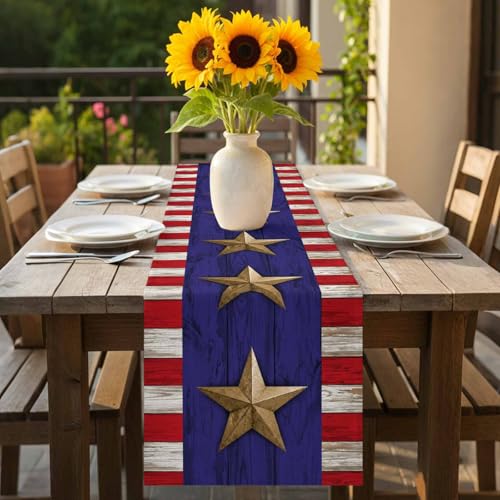 Independence Day Table Runner 36 Inches Long,American Flag Stripe Stars Retro Cotton Linen Table Runners Dresser Scarves,Blue Red Flag Tabletop Scarf Furniture Cover for Home Dinner Party 13"x36" - color: Blue Red, size: 13x36 Inches