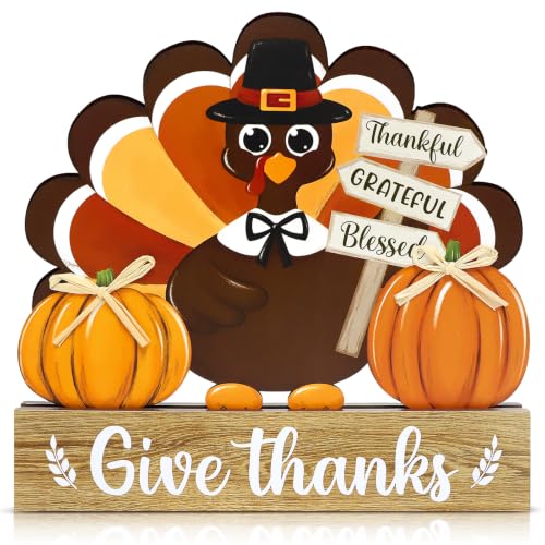 Thanksgiving Decorations Turkey Wooden Table Sign Fall Thanksgiving Turkey Tray Home Centerpiece Autumn Tabletop Rustic Farmhouse Pumpkin Decor for Give Thanks Harvest Indoor Office Shelf Party