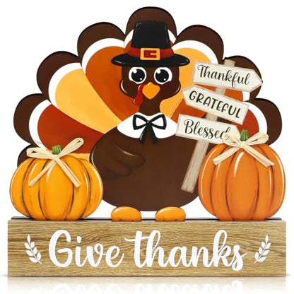 Thanksgiving Decorations Turkey Wooden Table Sign Fall Thanksgiving Turkey Tray Home Centerpiece Autumn Tabletop Rustic Farmhouse Pumpkin Decor for Give Thanks Harvest Indoor Office Shelf Party