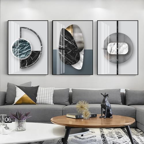 QKF 3Pcs Abstract Marble Geometric Crystal Surface Framed Canvas Wall Art - color: Black Ash, size: 24" X 32" X 3 pieces
