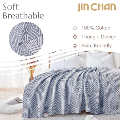 jinchan 100% Cotton Muslin Blanket Twin Boho Throw Blanket 60x80 Denim Blue - color: B. Cross Blue, size: 60"x80"