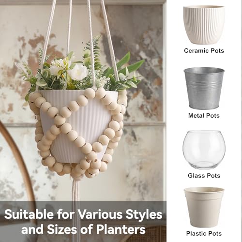Artilady Macrame Beaded Plant Hanger,Boho Hanging Planter for Indoor Plants - color: Beige B