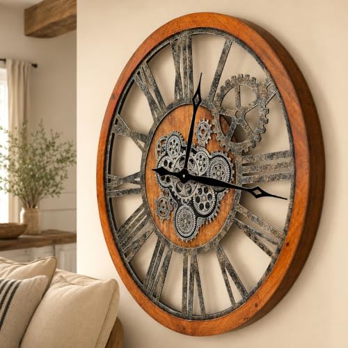 The B-Style 36" Large Moving Gear Wall Clock Oversized Vintage Farmhouse Wall Clocks for Living Room Decor Rustic Industrial Wood Clock (Brwon with Bronze Gears) - color: Brwon With Bronze Gears, size: 36 inch (90 cm)