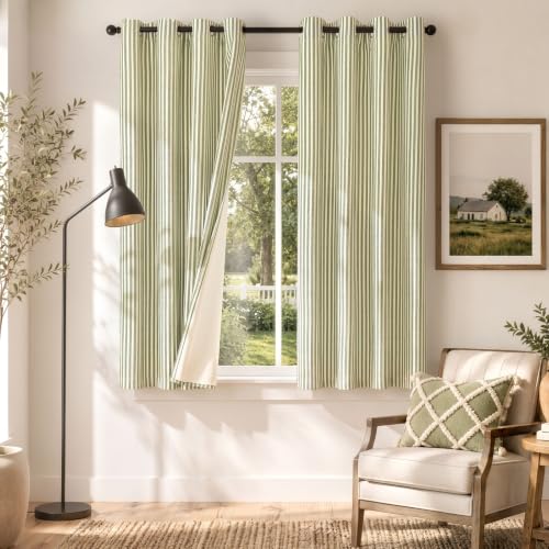 Vangao 100% Blackout Green Striped Curtains for Living Room Bedroom - color: Boxter Striped 100% Blackout| Green on Beige, size: 50"W x 63"L (Pack of 2)