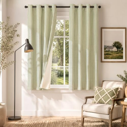 Vangao 100% Blackout Green Striped Curtains for Living Room Bedroom - color: Boxter Striped 100% Blackout| Green on Beige, size: 50"W x 63"L (Pack of 2)