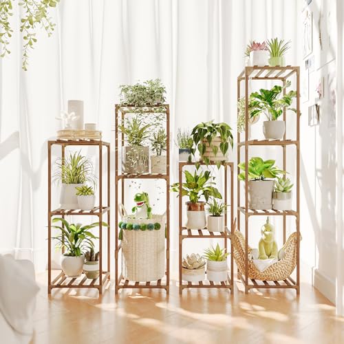 Bamworld Plant Stands Indoor 4 Sets Plant Shelves Outdoor - color: Brown, size: 4 Sets - Tall