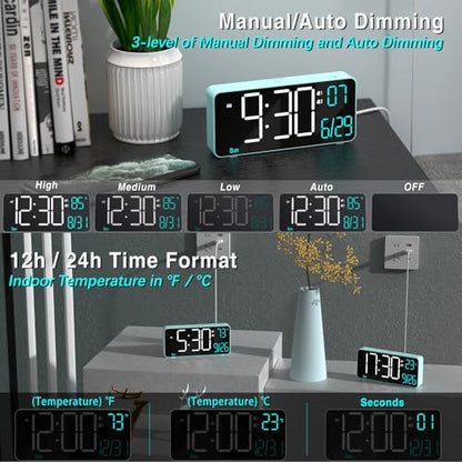 KOSUMOSU Digital Alarm Clock for Bedroom, 6.7in Desk Clock LED, Auto Dimming, Room Temperature, Day of The Week, Date, Seconds, Clocks for Living Room, Alarm Clocks for Bedrooms - color: Blue (White + Blue Digits)