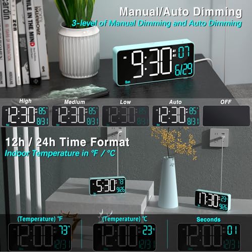 KOSUMOSU Digital Alarm Clock for Bedroom, 6.7in Desk Clock LED, Auto Dimming, Room Temperature, Day of The Week, Date, Seconds, Clocks for Living Room, Alarm Clocks for Bedrooms - color: Blue (White + Blue Digits)