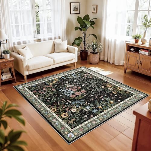 5x5 Living Room Area Rug Washable: Floral Non-Slip Mats for Indoor Floor Entryway Dining Room Bedroom - Soft Thin Carpet for Vintage Neutral Home Decor (5ft Square, Black) - color: Black, size: 5x5