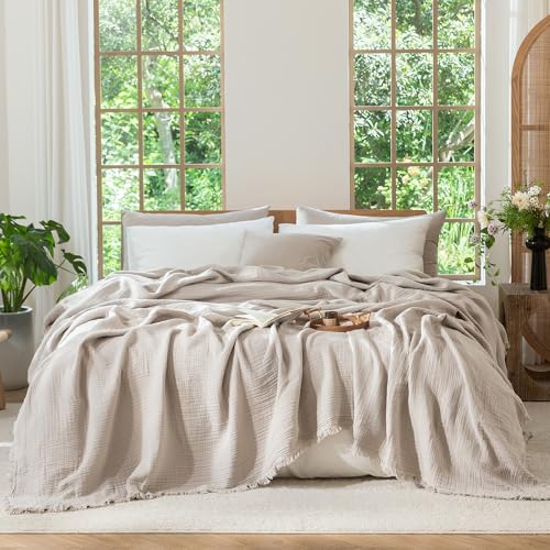 MooMee 100% Cotton Muslin Blanket, Fringed 4-Layer Gauze Bed Throw Blankets - color: Cream Grey, size: Oversize Queen