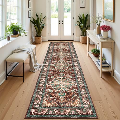 U'Artlines 3' x 12' Boho Hallway Runner Rug, Washable Carpet, Rust＆Teal - color: Rust＆teal, size: 3' x 12' (Runner)