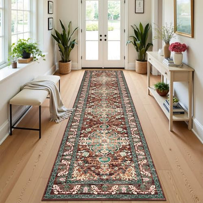 U'Artlines 3' x 12' Boho Hallway Runner Rug, Washable Carpet, Rust＆Teal - color: Rust＆teal, size: 3' x 12' (Runner)