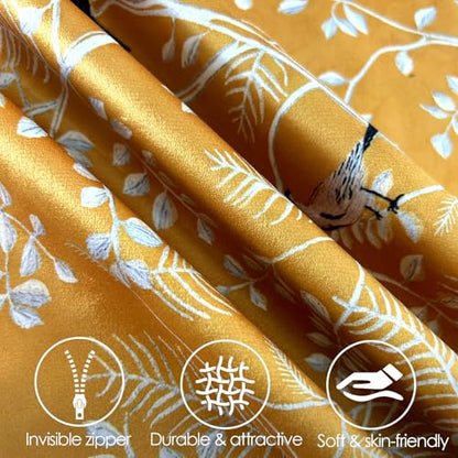 Decorative Velvet Pillow Covers 18x18 Set of 2, Bird Leaf Print Covers - color: Ochre