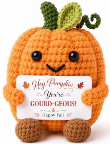 Autumn Fall Decorations for Home on Thanksgiving, Fall Basket Stuffer for Women Handmade Crochet Pumpkin with Postive Card, Halloween Thanksgiving Gifts for Women Hostess Teachers Friends Coworkers