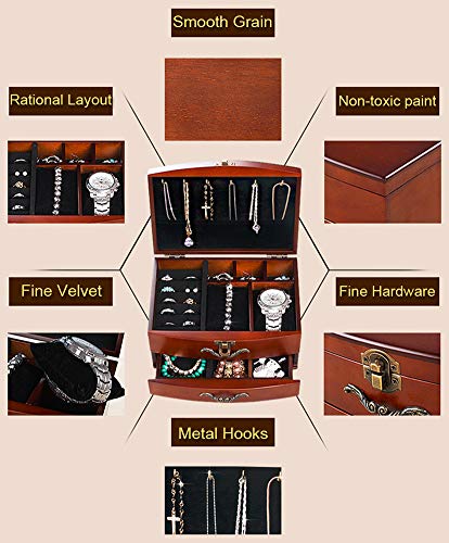 Solid Wooden Jewellery Box Jewelry Storage Box Organizer for Earring Bracelet Gift for Women Girlfriend Birthday Aniversary (Middle)