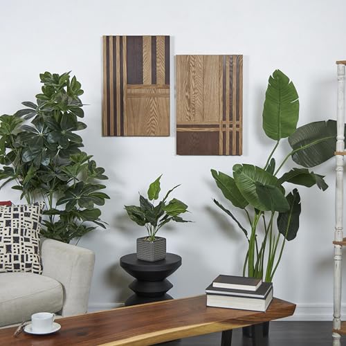 Deco 79 Wooden Geometric Home Wall Decor Carved Two-Toned Striped Wall Sculpture, Set of 2 Wall ArtW, 24" H, Brown - size: 15.8"L x 1.8"W