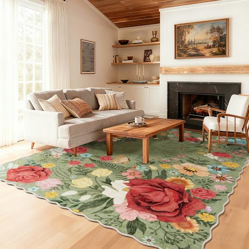 Washable Rugs for Living Room: 5x7 Area Rugs for Bedroom Soft Ultra Thin Stain Resistant Non Slip Low Pile Lightweight Vintage Floral Carpet for Dining Room Decor (Green) - color: Green, size: 5'x7' (Rectangular)