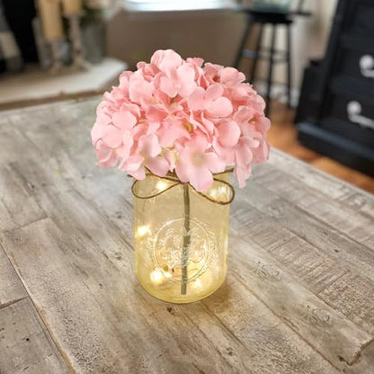Set of 3 Mason Jar Lights, Pink Hydrangea Holiday Table Decor - color: Jar-pink Hydrangea