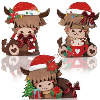 GlikCeil 3 Pcs Christmas Highland Cow Table Decorations Wood Centerpiece - style: Christmas