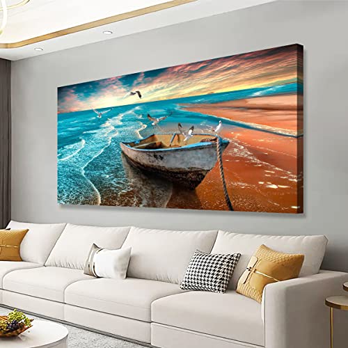Beach Sunset Pictures Canvas Wall Art For Living Room Bedroom Wall Decor,Seascape Wall Art Print Paitnings For Home Decor,Morden Artwork Boat Canvas Art Waterproof Ready To Hang-20X40Inches - color: Beach Sunset Pictures Canvas Art, size: 40"L x 20"W