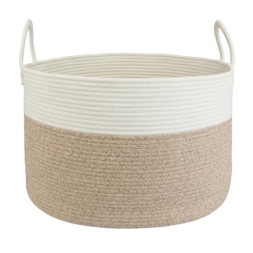 XUANGUO 66L Large Blanket Basket, Round Cotton Rope Basket, White & Brown - color: white and brown