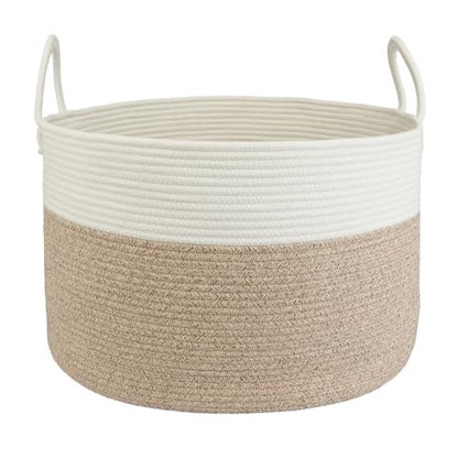 XUANGUO 66L Large Blanket Basket, Round Cotton Rope Basket, White & Brown - color: white and brown