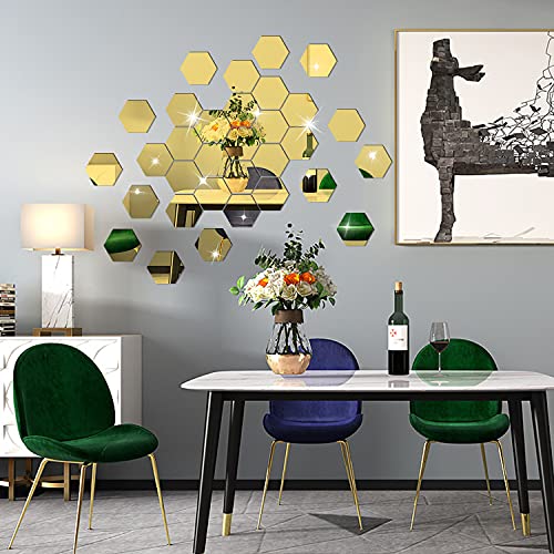 DIY Wall Decals Acrylic Mirror Sticker Set 36 Pcs, Hexagon Mirror Wall Stickers for Living Room Bedroom Decor (Gold) - color: Gold, size: 10*8.5*5cm