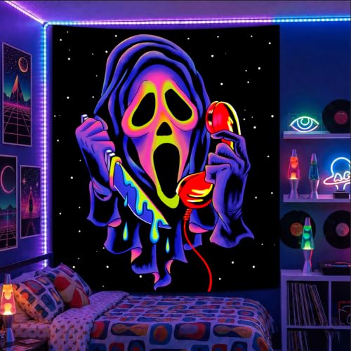 SparkLia Blacklight Horror Skull Tapestry, UV Reactive Neon Scary Face Wall Hanging, Glow in the Dark Spooky Decor for Bedroom, Gaming Room Party Decor - 30" x 40"