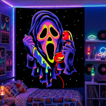SparkLia Blacklight Horror Skull Tapestry, UV Reactive Neon Scary Face Wall Hanging, Glow in the Dark Spooky Decor for Bedroom, Gaming Room Party Decor - 30" x 40"