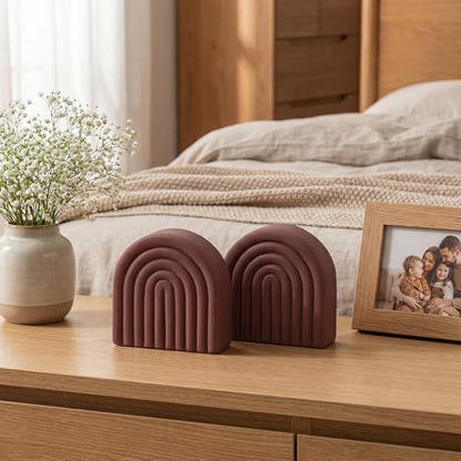 Brown 2 Pcs Boho Arch Concrete Bookends for Shelves, Rainbow - color: Brown, style: Rainbow