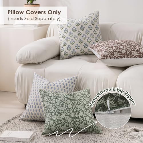 DWR Floral Throw Pillow Covers 20x20 Set of 2, Block Print Decorative Pillow Covers in Deep Sage Green, Neutral Faux Linen Cotton Blend, Vintage Look for Couch, Sofa, Bed, Living Room - color: Deep Sage Green, size: 20" x 20" (Pack of 2)