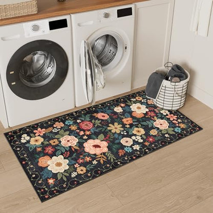 DUKINO 2x4 Entryway Rug, Floral Washable Kitchen Rugs Non Slip, Black - color: Black, size: 2' x 4' (Rectangular)