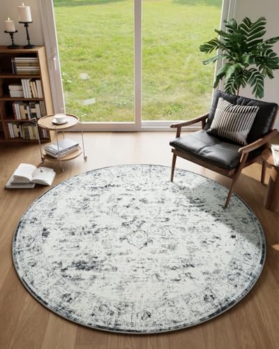 Unirea 4ft Round Grey White Vintage Area Rug, Washable Non Slip Circle Bug Rug for Entryway, Kitchen, Bedroom, Bathroom, Nursery, Living Room, Thin Soft Abstract Rugs Indoor Décor, Low Pile Carpet - color: Light Grey/White, size: 4x4 Feet