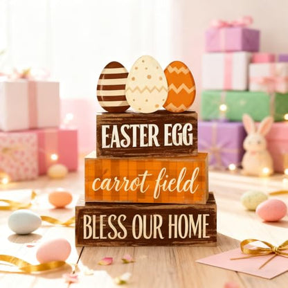 Easter Decorations - Easter Egg Carrot Field Tiered Tray Decor - Wooden Farmhouse Easter Tabletop Sign with Eggs & Carrot Theme - Rustic Spring Home Decor for Shelf Mantel Kitchen - Spring Home Decor for Living Room, Kitchen Counter - style: Egg