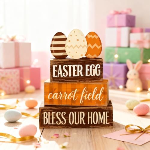 Easter Decorations - Easter Egg Carrot Field Tiered Tray Decor - Wooden Farmhouse Easter Tabletop Sign with Eggs & Carrot Theme - Rustic Spring Home Decor for Shelf Mantel Kitchen - Spring Home Decor for Living Room, Kitchen Counter - style: Egg
