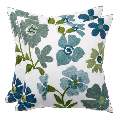 Embroidered Throw Pillow Covers 18x18 inch Pack of 2 Blue Blossoms - color: Blue Blossoms