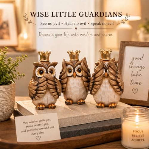 Hodao See No Evil Owl Figurines 3PCS, Crown Owl Decor, Home & Office Accent - color: Three Wise Owl