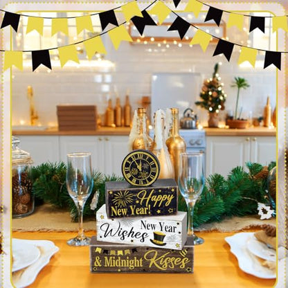 Moucuny 4 Pcs New Year Table Decorations, Happy New Year Wood Block Sign - style: Clock