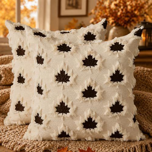 DFXSZ Fall Pillow Covers 18x18 Set of 2 Brown MapleLeafs Embroidery Biege - color: Beige Rust, size: 18" x 18" (Pack of 2)