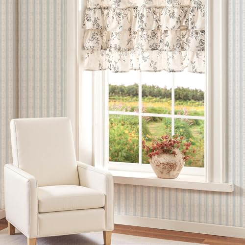 jinchan Alisa Ruffled Floral Valance Curtain 18 Inch 1 Panel Black on Linen - color: Alisa Black on Linen