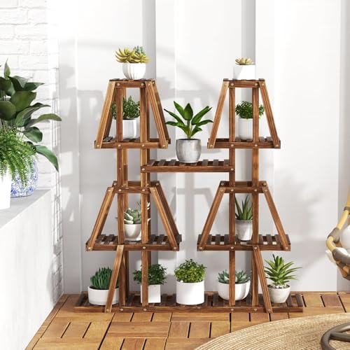GIANTEX Plant Stand Indoor, 5-Tier Wooden Trapezoid Plant Holder Rack for Multiple Plants, Carbonized Pine Wood, Indoor Outdoor Flowerpot Holder Display Shelf for Living Room Balcony Patio Porch