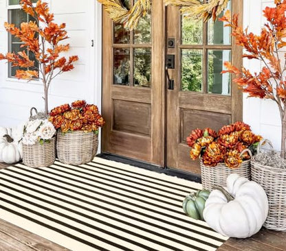 Washable Outdoor Rug 3'x5',Black and Beige Striped Area Rug - color: Beige Black, size: 3' x 5' (Rectangular)