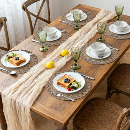 fanquare Coffee 15" Round Burlap Placemats for Dining Table, Set of 6 Jute Woven Table Mats with Braided Wave Rim, Heat Resistant Rustic Boho Chargers - color: Coffee