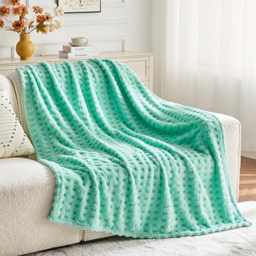 NEWCOSPLAY 3D Waffle Checkered Flannel Twin Blanket, Aqua, 60"x80" - color: Aqua, size: Twin(60"x80")