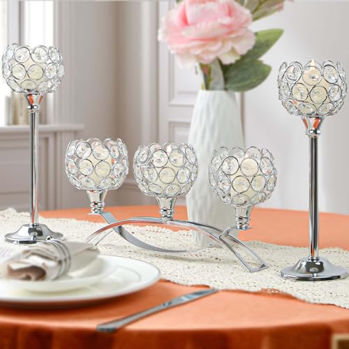 Crystal Tealight Candle Holder Centerpiece Home Decorative Candlestick Holder Elegant Table Centerpiece Home Decor Wedding Party Anniversary (Silver, Set of 3) - color: Silver, size: 3 Pieces